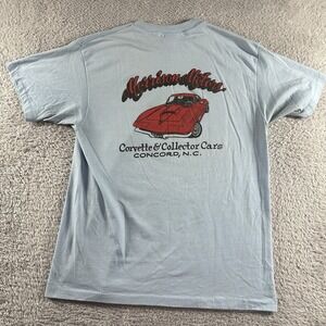 VINTAGE Corvette Cars Shirt Mens Large Blue White Paper Thin Thrashed Rockabilly